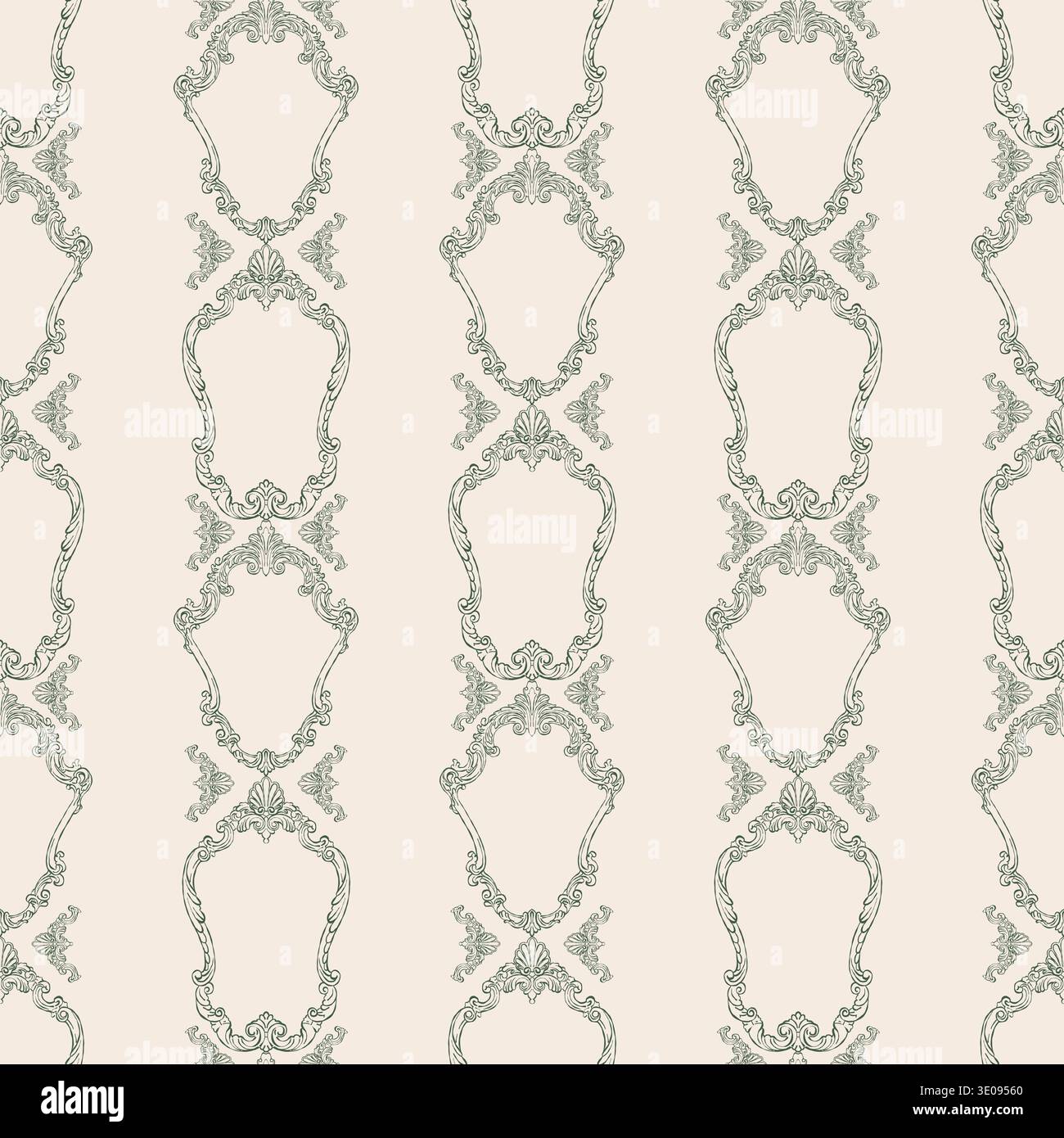 Modèle sans couture dans le style baroque vintage. Design victorien classique dessiné à la main. Un fond fantaisiste pour les invitations de mariage, l'emballage cadeau, les matériaux d'emballage, le tissu et le papier peint. Illustration vectorielle verte. Illustration de Vecteur