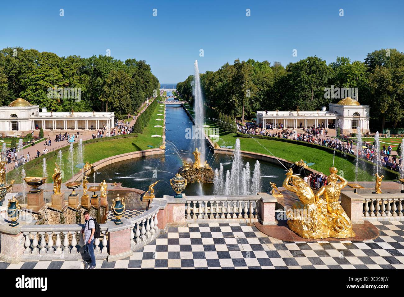 Les gens marchent et admirent les fontaines du Peterhof Palace à Pétersbourg, avec de grands arbres et un ciel clair en arrière-plan. Banque D'Images