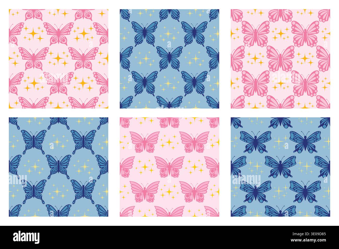 Ensemble de motifs sans couture mettant en vedette des papillons éthérés et des étoiles célestes dans l'esthétique de l'an 2000. Charmantes illustrations en palettes roses et bleues, perfec Illustration de Vecteur