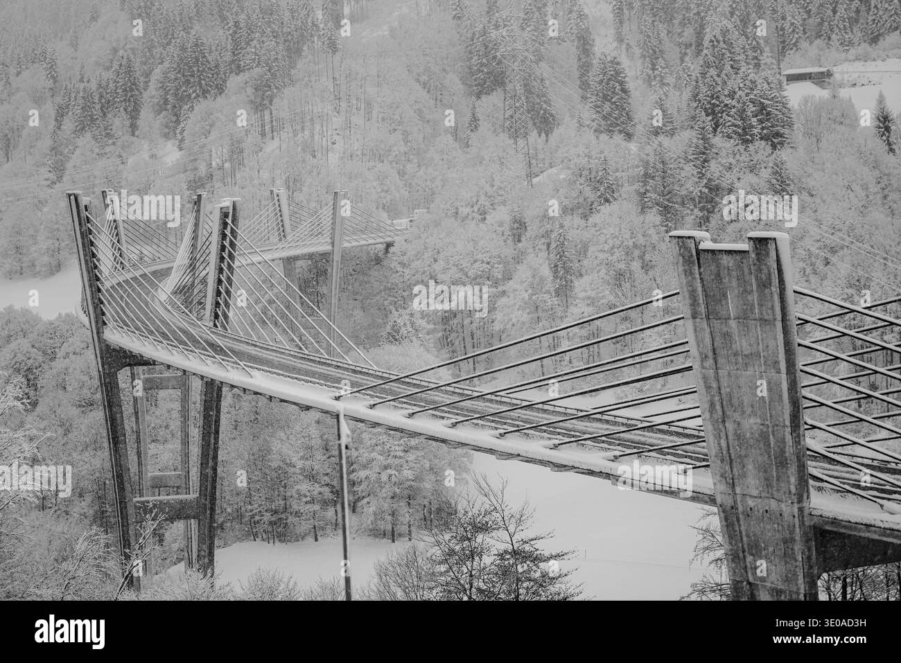 Les courbes élégantes et enneigées du Sunniberg Bridge enjambent une vallée alpine hivernale, Landquart River, Bridge, Klosters, Grisons, Suisse. Banque D'Images