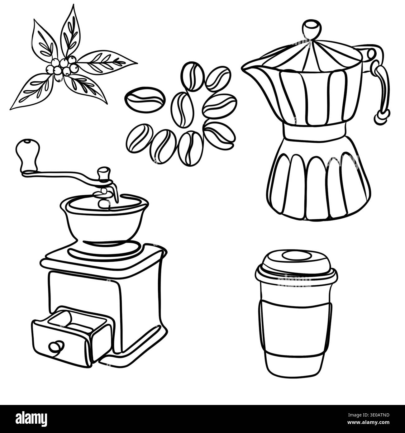 Essentiels pour la préparation du café : collection d'art minimaliste en ligne continue Banque D'Images