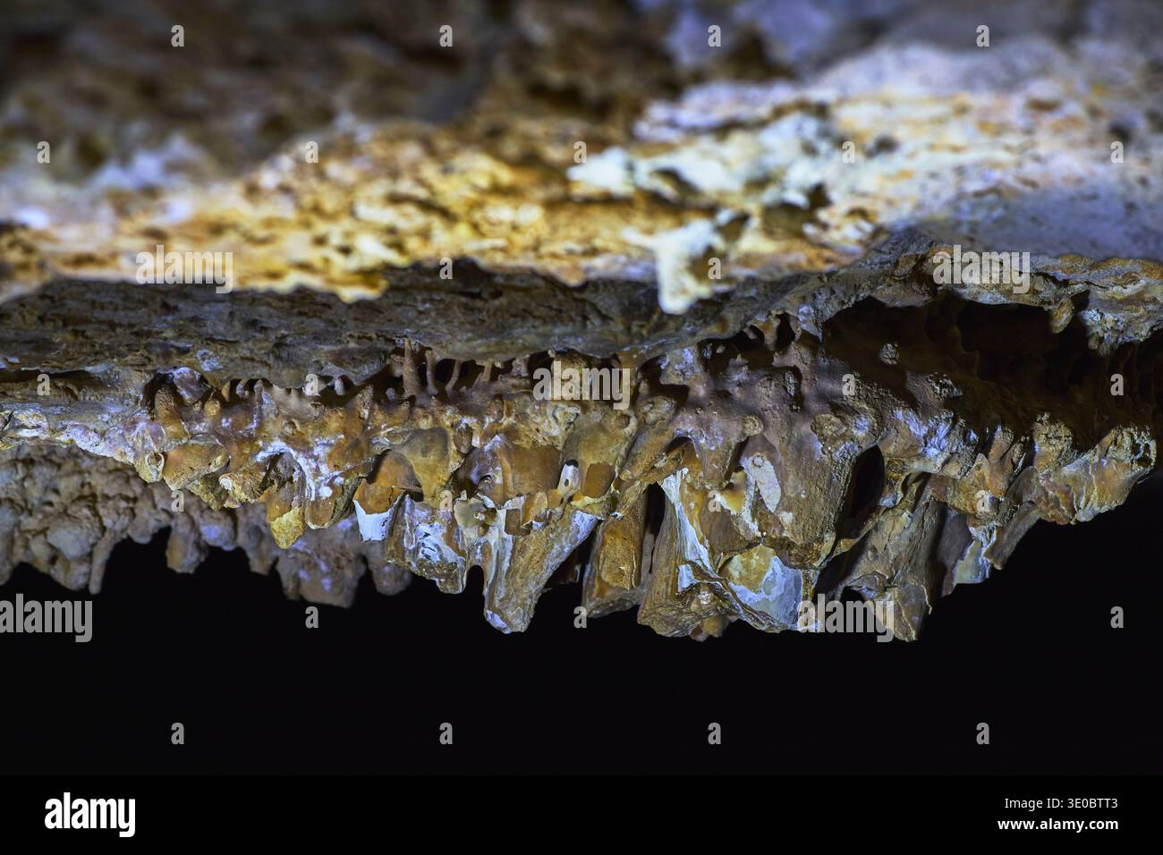 Vue macro des formations minérales de plafond de grotte et des stalactites dans une lumière dramatique Banque D'Images