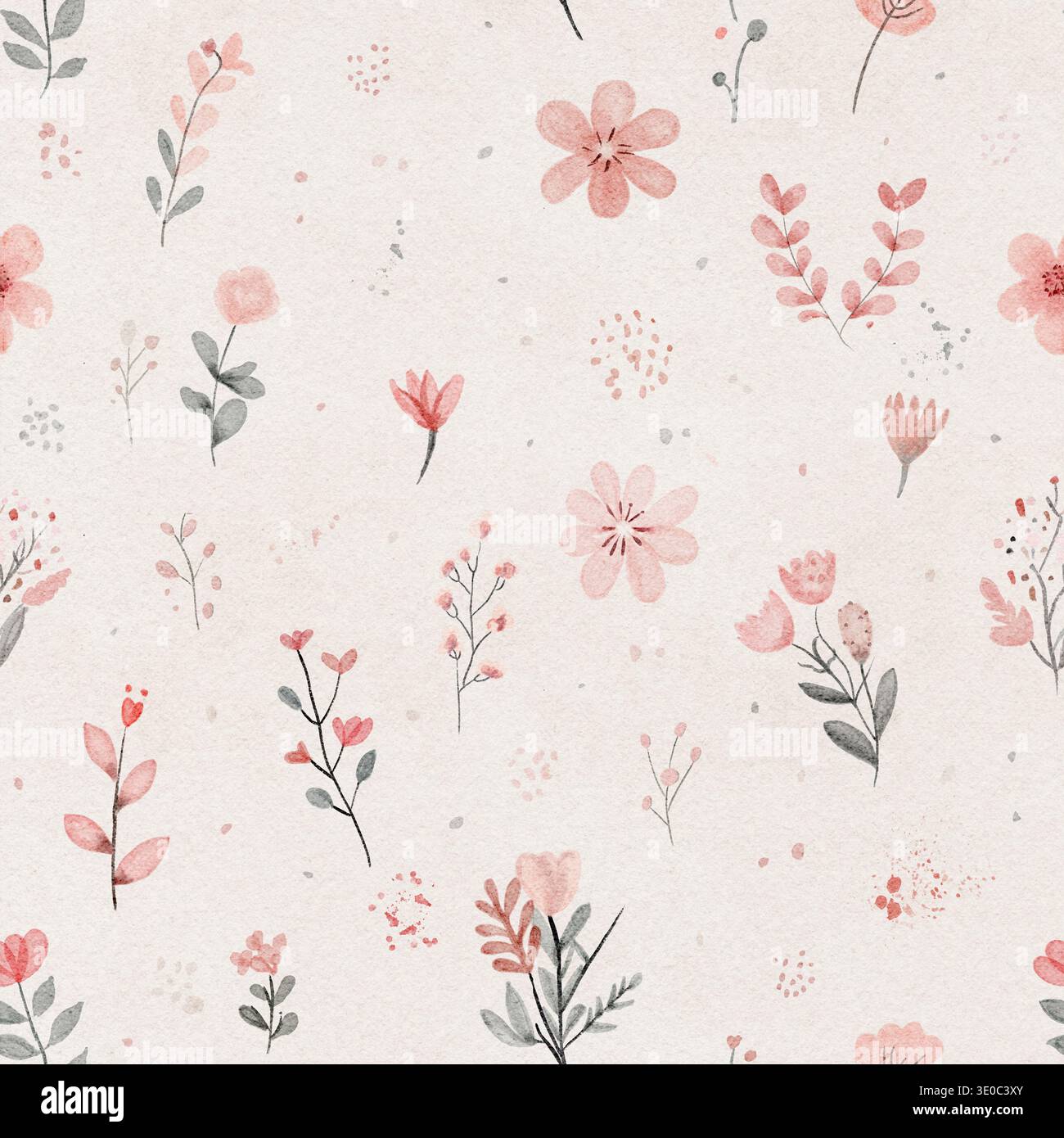 Motif floral aquarelle sans couture avec de petites fleurs roses et des feuilles vertes douces sur fond de papier texturé Banque D'Images