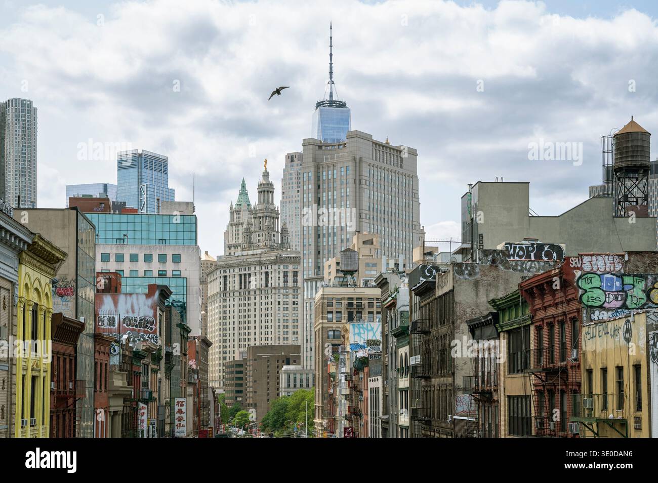 01.06.2025, États-Unis, New York City, New York - vue depuis le pont de Manhattan de Chinatown le long de East Broadway dans Lower Manhattan et la ligne d'horizon avec son Banque D'Images