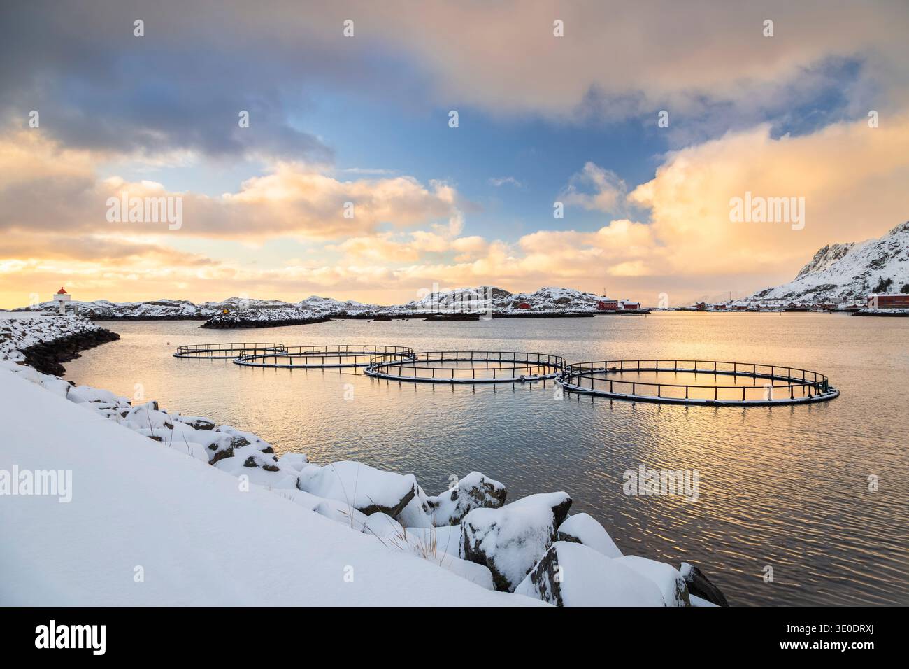 Vue au lever du soleil sur la jetée de Ballstad le matin après une chute de neige. Ballstad, Vestvagoy, Îles Lofoten, Nordland, Norvège, Scandinavie. Banque D'Images