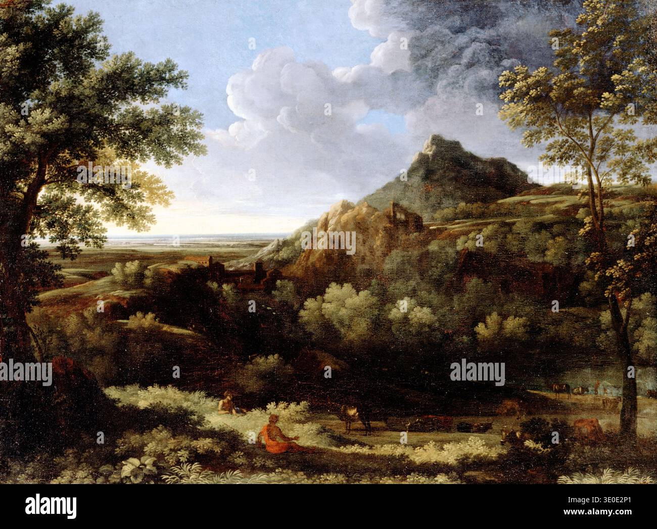 Cette peinture à l'huile du XVIIe siècle de Gaspard Dughet, intitulée « paysage dans la Campagna romaine », capture une vue spectaculaire et étendue de la campagne italienne. L'œuvre d'art de l'époque baroque présente des nuages imposants, une montagne rocheuse proéminente et un feuillage luxuriant, avec de petites figures et du bétail ajoutant de la vie à ce cadre naturel serein mais grandiose. Banque D'Images