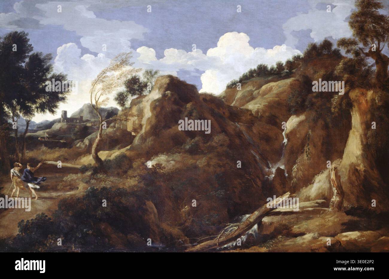Cette peinture à l'huile du XVIIe siècle de Gaspard Dughet, intitulée « paysage montagneux avec tempête approchante », représente une scène naturelle dramatique avec des ruines classiques lointaines. L'œuvre d'art, des années 1600, met en valeur des figures gestuelles au milieu de rafales de vent, soulignant le temps imminent et la grandeur de la nature à travers le style paysager baroque. Banque D'Images