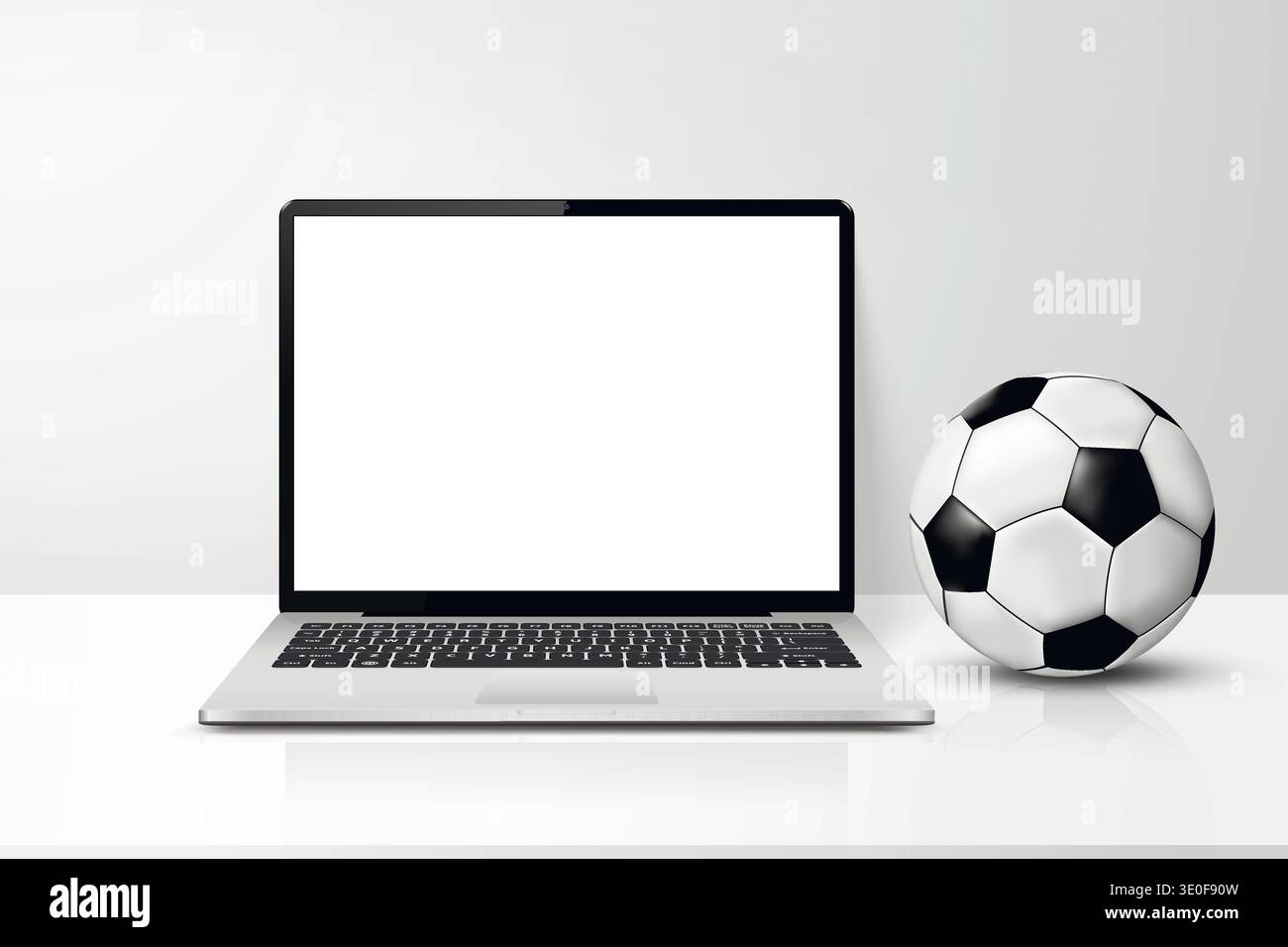 Espace de travail moderne avec ordinateur portable et ballon de football sur le bureau. Illustration vectorielle. Illustration de Vecteur