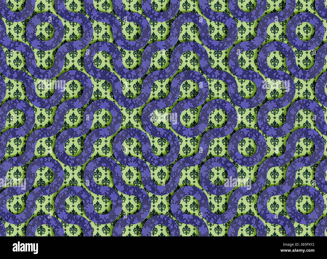Rendu 3D d'une surface textile ornementale comportant des cordes violettes tressées disposées en formes géométriques en boucle répétitives Banque D'Images