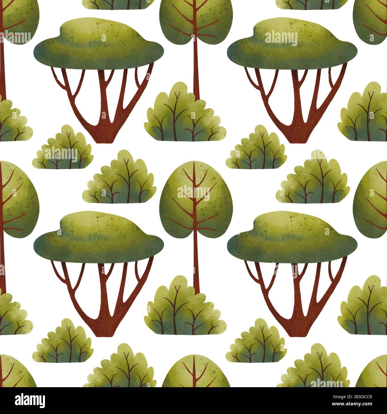 Modèle sans couture avec des arbres verts. Illustration d'aquarelle dessinée à la main pour les enfants. Banque D'Images