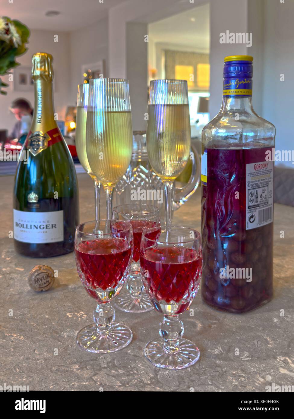 À Noël, des verres de dloe gin et champagne pour ajouter une saveur festive à l'occasion Banque D'Images