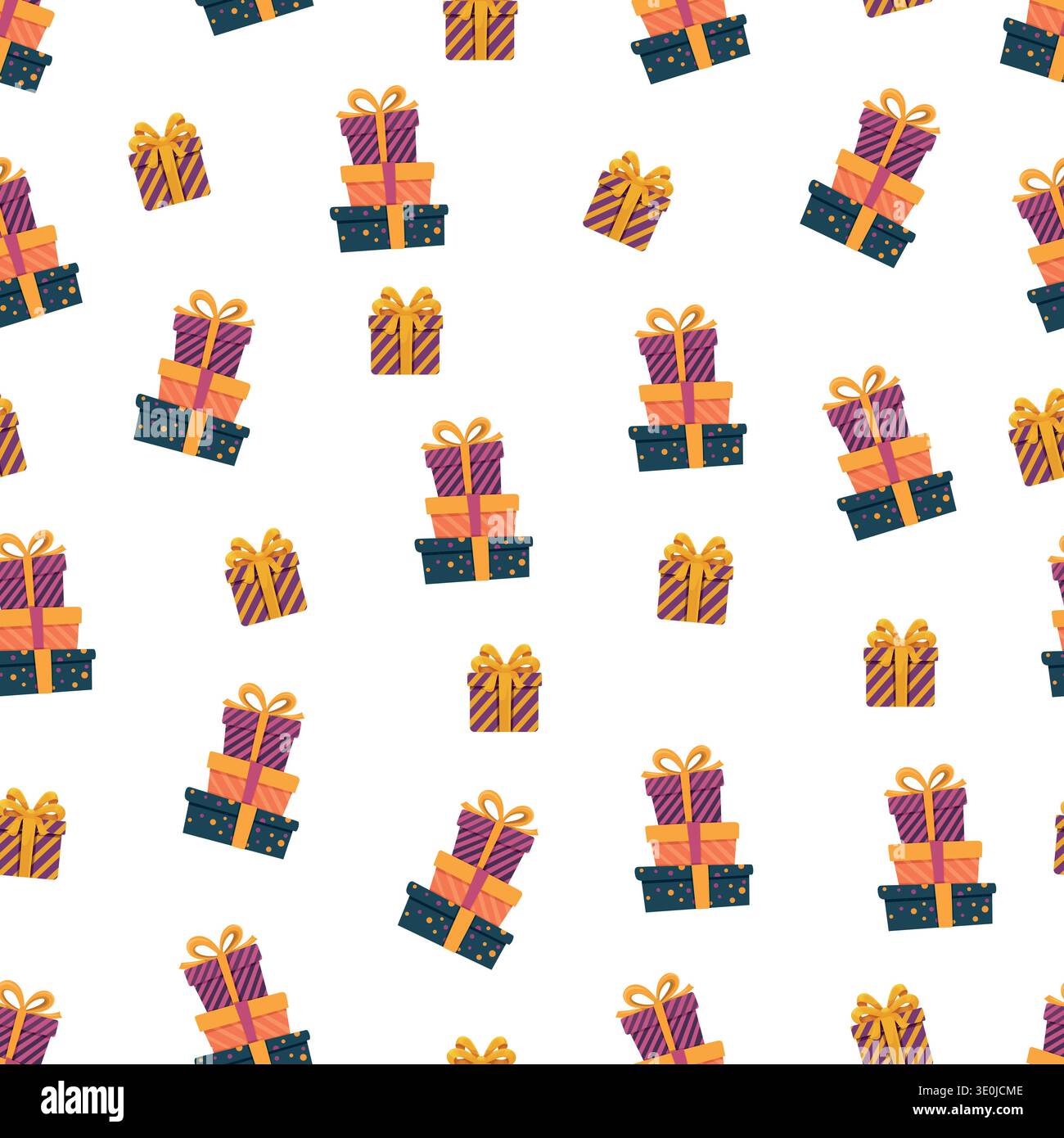 Boîtes-cadeaux colorées modèle sans couture sur fond blanc. Cadeaux d'emballage festifs lumineux avec des noeuds dans un style vectoriel plat, parfait pour la conception de vacances Illustration de Vecteur