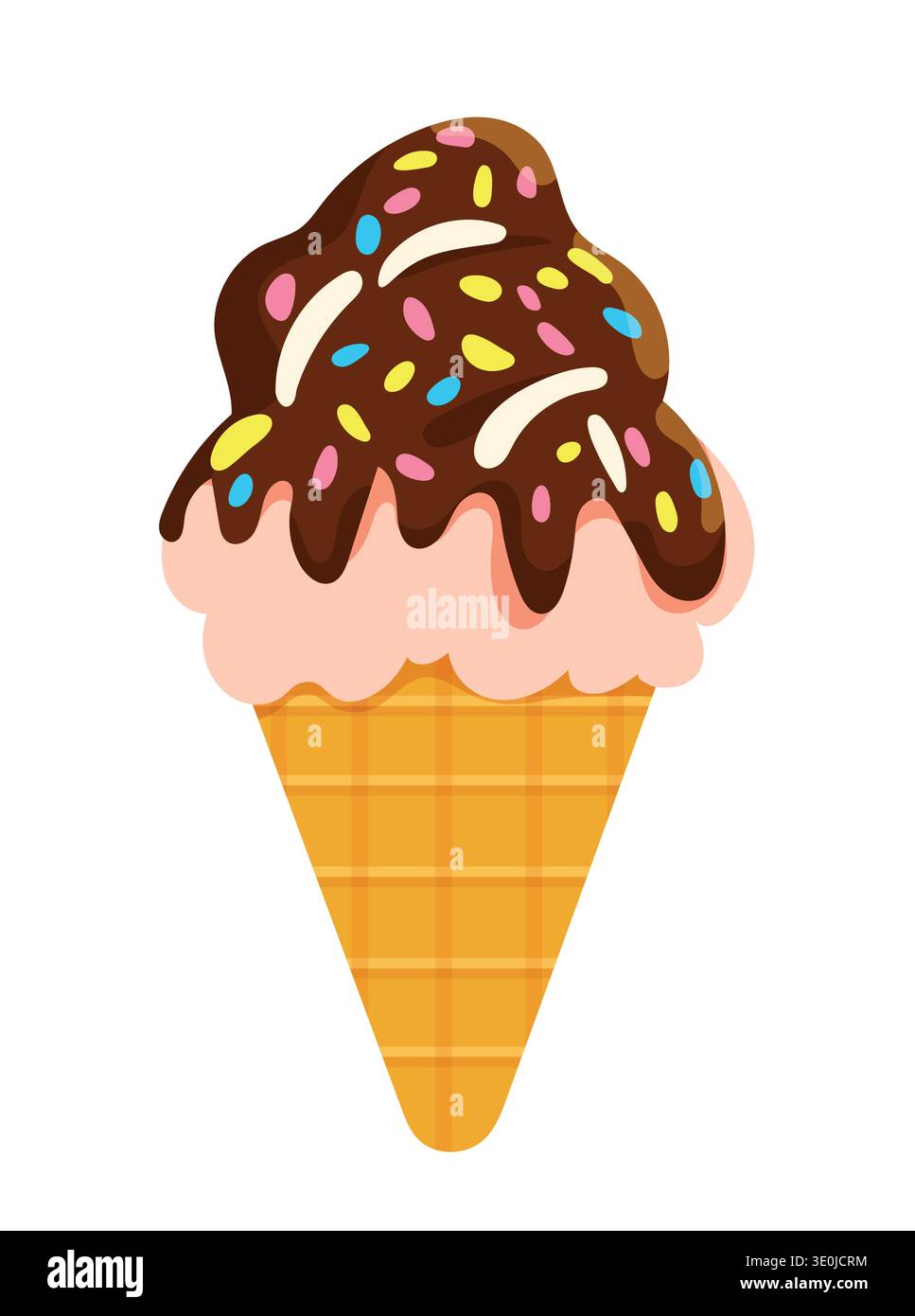 Crème glacée dans un cornet de gaufre doré. La crème glacée est généreusement enrobée de sauce au chocolat. Des saupoudres colorées sont saupoudrées dans tout le chocolat Illustration de Vecteur