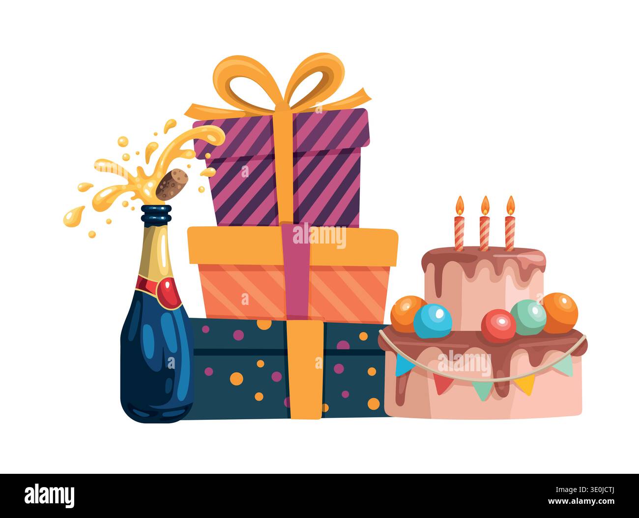 Illustration de célébration d'anniversaire festive avec boîtes cadeaux, gâteau et champagne. Conception vectorielle de fête colorée avec cadeaux enveloppés, gâteau Illustration de Vecteur