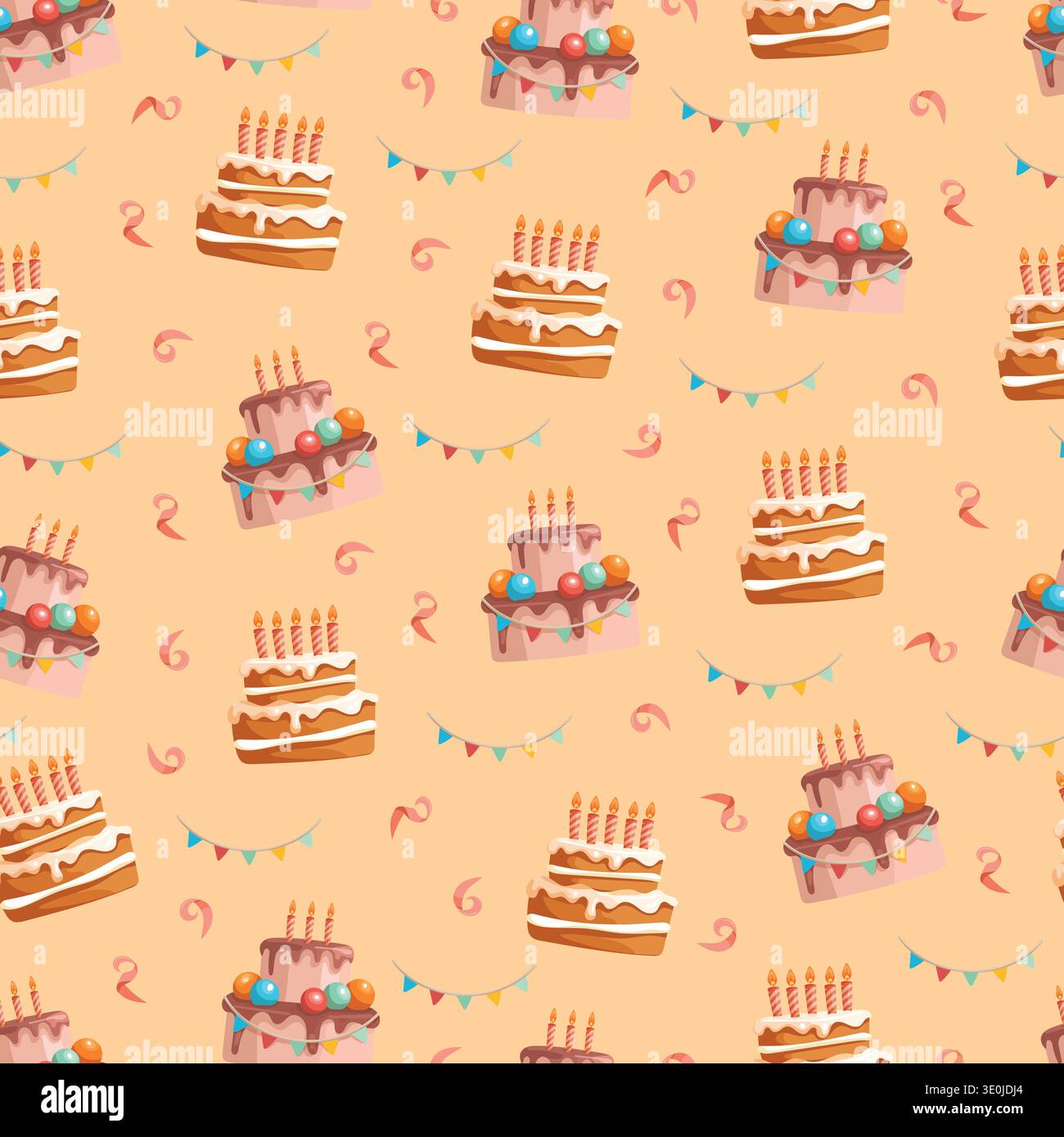 Motif de gâteau d'anniversaire sans couture avec bougies et banderole de fête. Fond festif coloré avec des gâteaux superposés, des tourbillons de confettis Illustration de Vecteur