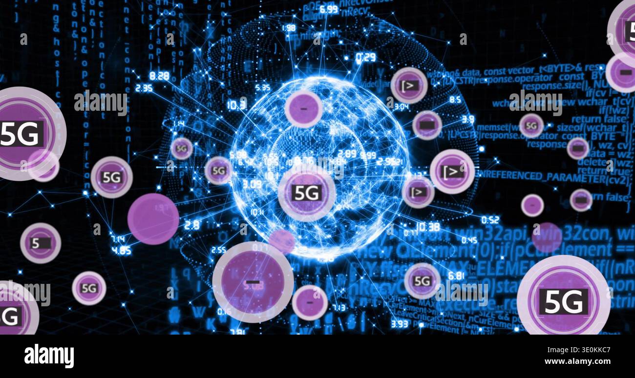 Affichage de la sphère de réseau centrale pulsant dans le cyberespace, avec des jetons 5G violets et du code de streaming Banque D'Images