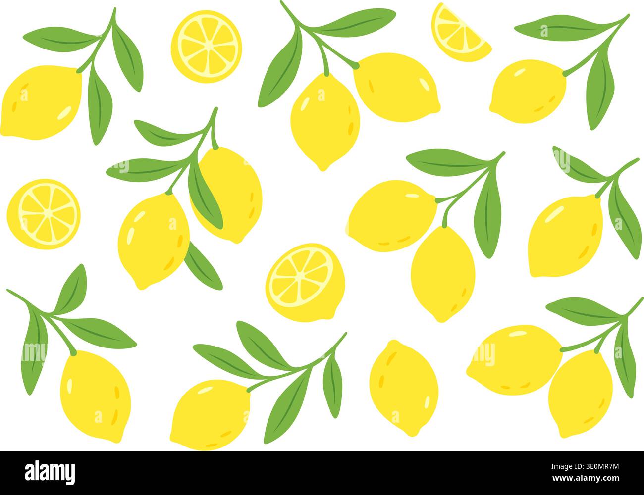 Citrons et tranches avec des feuilles vertes dans le style vectoriel plat Illustration de Vecteur