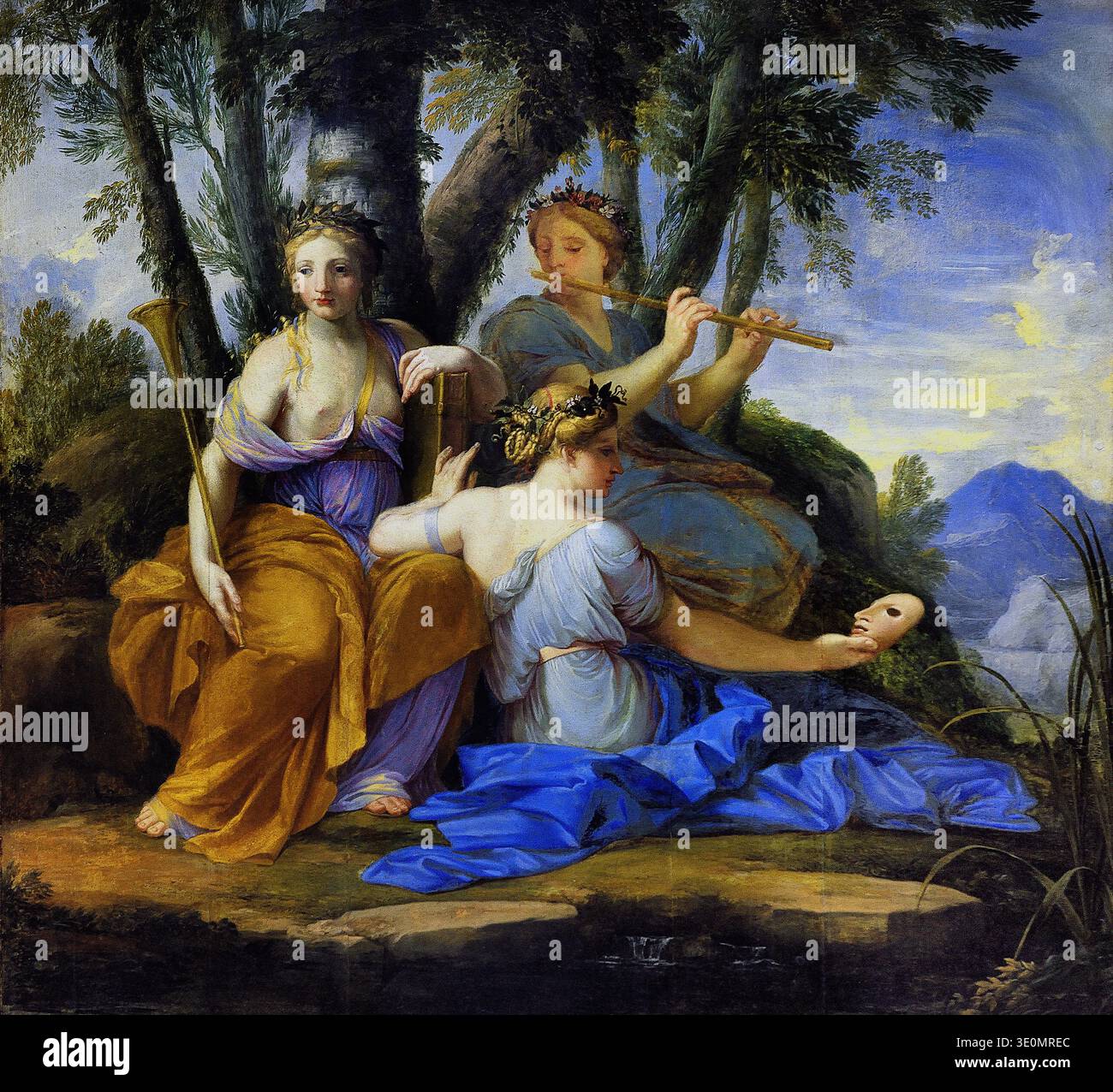 Les Muses Clio, Euterpe et Thalia, un chef-d'œuvre en huile sur panneau achevé entre 1652 et 1655 par le notable classiciste baroque français Eustache Le Sueur. Conçue comme une caractéristique de chambre intégrée pour la Chambre des Muses à l'intérieur du manoir Hôtel Lambert à Paris, le paysage de fond a été peint en collaboration avec l'artiste Pierre Patel. Le tableau est maintenant exposé de manière permanente au Musée du Louvre à Paris. Banque D'Images
