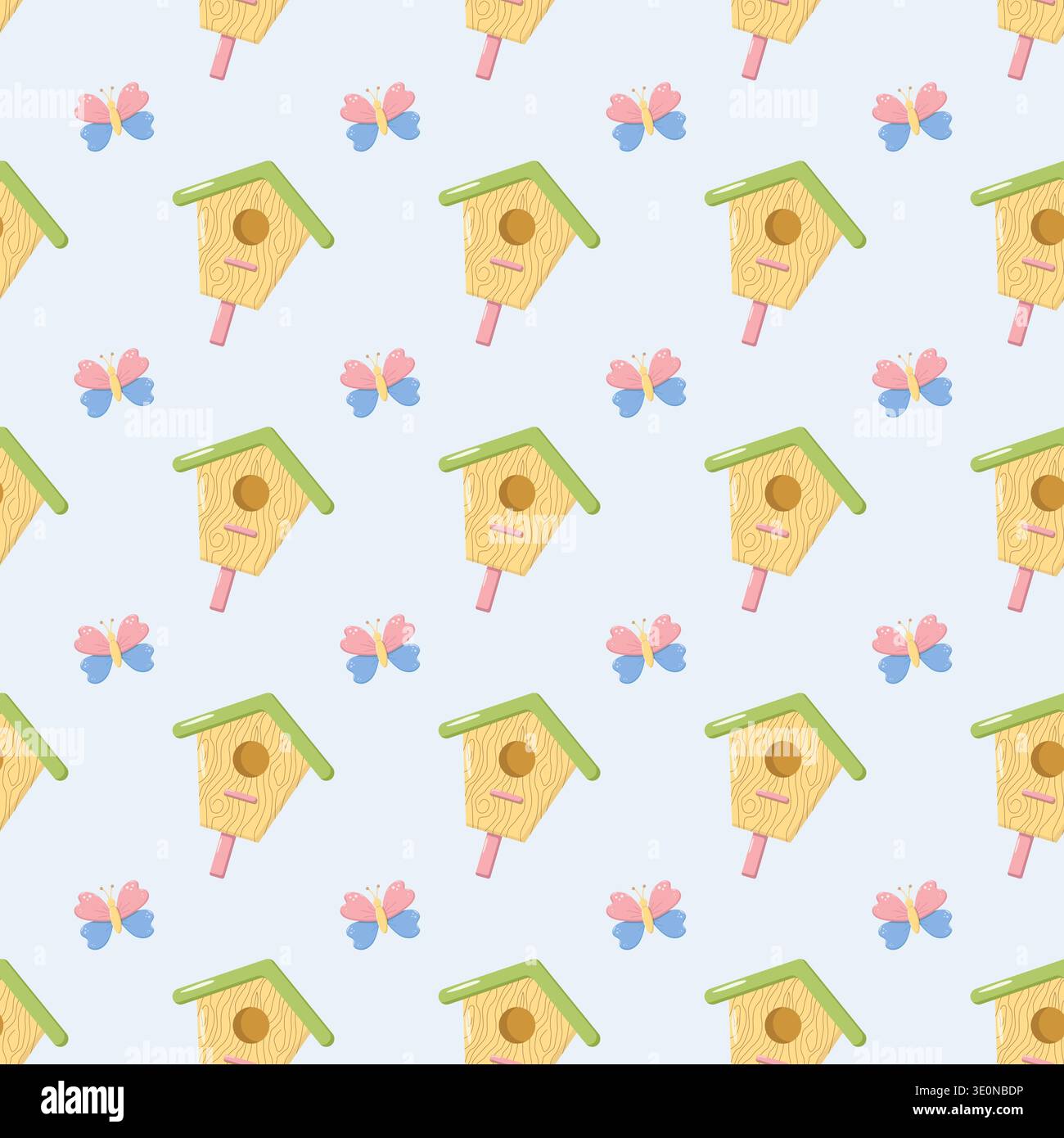 Modèle sans couture avec nichoirs jaunes et papillons colorés sur fond bleu clair, design fantaisiste pour les textiles, les papiers peints, le décor des enfants Illustration de Vecteur
