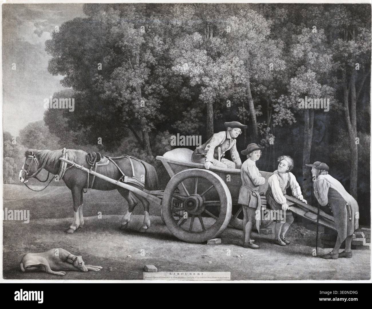 Cette mezzotinte de 1789, intitulée « ouvriers », de George Stubbs représente une scène pastorale avec une charrette tirée par des chevaux et plusieurs hommes au travail ou rassemblés, aux côtés d'un chien au repos. L'œuvre d'art capture la vie rurale de l'Angleterre de la fin du XVIIIe siècle à travers son rendu détaillé des figures, des animaux et de l'environnement naturel. Il met en valeur la maîtrise de Stubbs dans la représentation de sujets humains et animaux. Banque D'Images