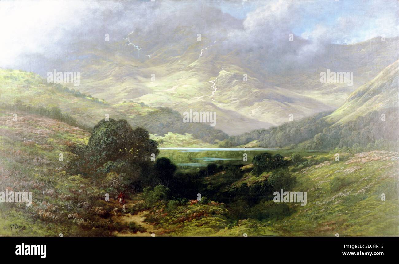 Cette captivante peinture à l'huile de Gustave Doré datant de 1875 représente un paysage spectaculaire des Highlands écossais, mettant en valeur un loch serein niché au milieu de montagnes vertigineuses recouvertes de brume et d'une végétation luxuriante. Une figure solitaire et leurs animaux traversent un chemin au premier plan, ajoutant un sens de l'échelle et de l'élément humain à la vaste beauté naturelle. Banque D'Images