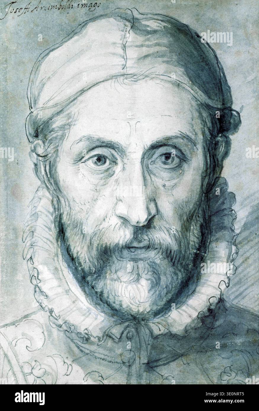 Cet autoportrait de Giuseppe Arcimboldo, estimé à la fin du XVIe siècle, représente l'artiste avec une barbe proéminente et un col à volants, caractéristiques de l'époque Renaissance. Le dessin, exécuté à la plume, à l'encre et au lavage, met en valeur le talent de dessin d'Arcimboldo et offre un regard direct sur le visage de l'artiste. Banque D'Images