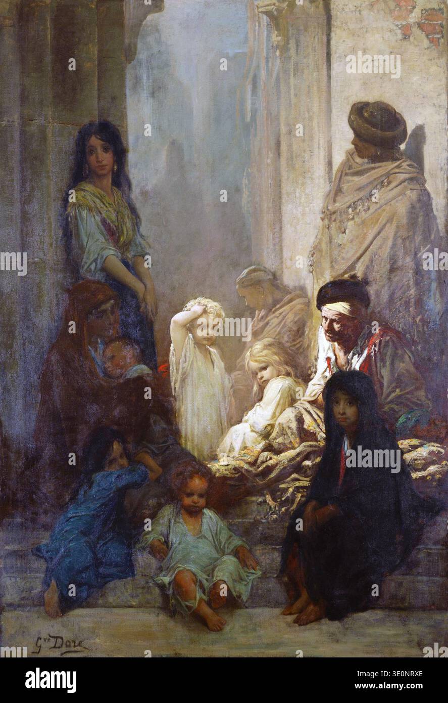 Cette peinture à l'huile captivante intitulée 'la Siesta : mémoire de l'Espagne' de Gustave Doré, créée vers 1870, représente un groupe de personnes, y compris des femmes, des enfants et des personnes âgées, reposant dans ce qui semble être un cadre extérieur ensoleillé. La scène évoque un sentiment de somnolence et la vie commune typique d'une sieste espagnole au XIXe siècle. L'utilisation magistrale de la lumière et de l'ombre par Doré met en évidence les détails complexes de leur tenue et de leurs expressions. Banque D'Images