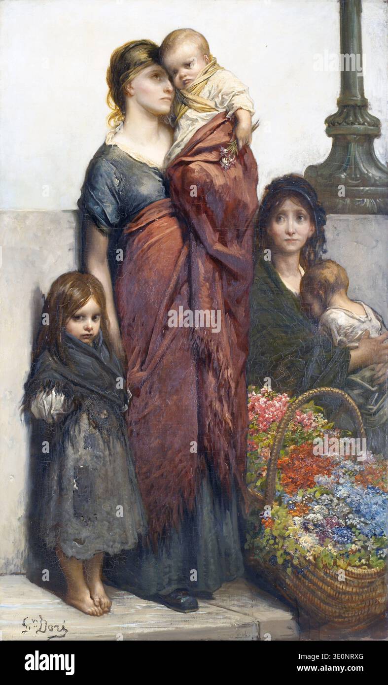 Cette peinture à l'huile poignante, intitulée « vendeurs de fleurs de Londres », par Gustave Doré de la fin du XIXe siècle (vers 1870), représente deux femmes et trois enfants vêtus de vêtements en lambeaux, probablement de la classe ouvrière, avec un panier de fleurs vibrantes à leurs pieds. L'œuvre capture un sens de leur lutte et de leur vie quotidienne, mettant en évidence les thèmes de la pauvreté et de l'existence urbaine. Banque D'Images