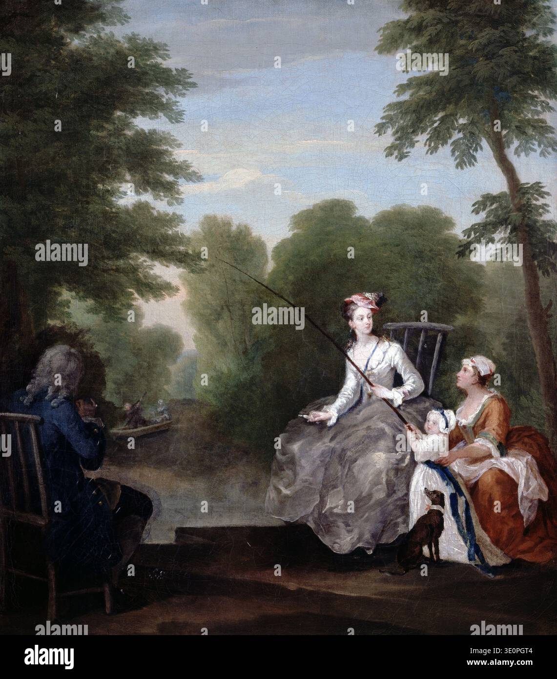 Cette peinture à l'huile de 1738 de William Hogarth, intitulée 'A Fishing Party', représente une scène tranquille au bord d'une rivière au XVIIIe siècle. Une femme finement habillée pêche tandis qu'une autre femme et un enfant regardent, et un homme dans une périperruque est assis à gauche, observant de petits bateaux au loin. Banque D'Images
