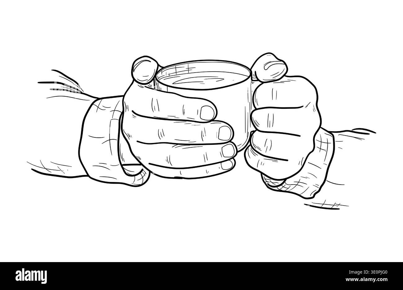 Mains masculines tenant une tasse de thé, croquis noir et blanc dessiné à la main. Illustration vectorielle. Tasse du matin de café chaud dans les mains isolé sur blanc Illustration de Vecteur
