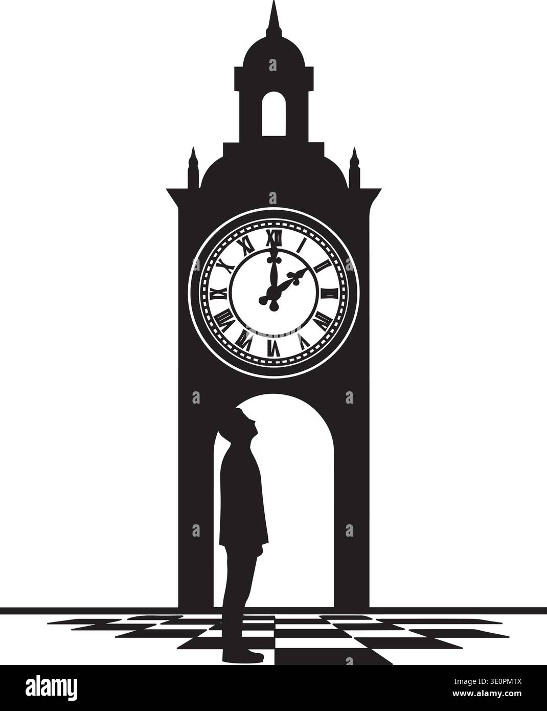 Silhouette vectorielle noire et blanche d'un bâtiment historique de la tour de l'horloge avec une personne debout à la base regardant vers le haut Illustration de Vecteur