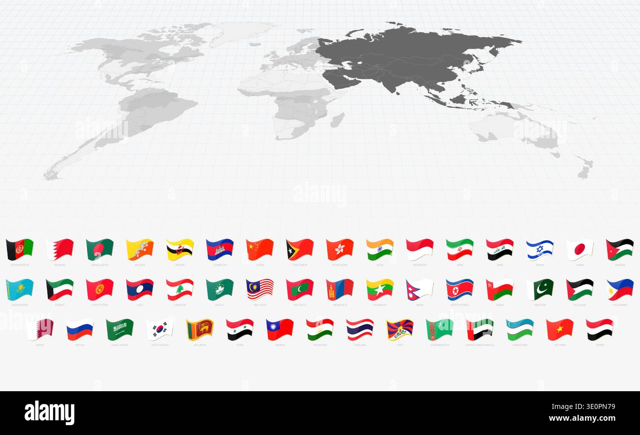 Drapeaux ondulants vibrants de tous les pays asiatiques. Illustration de Vecteur
