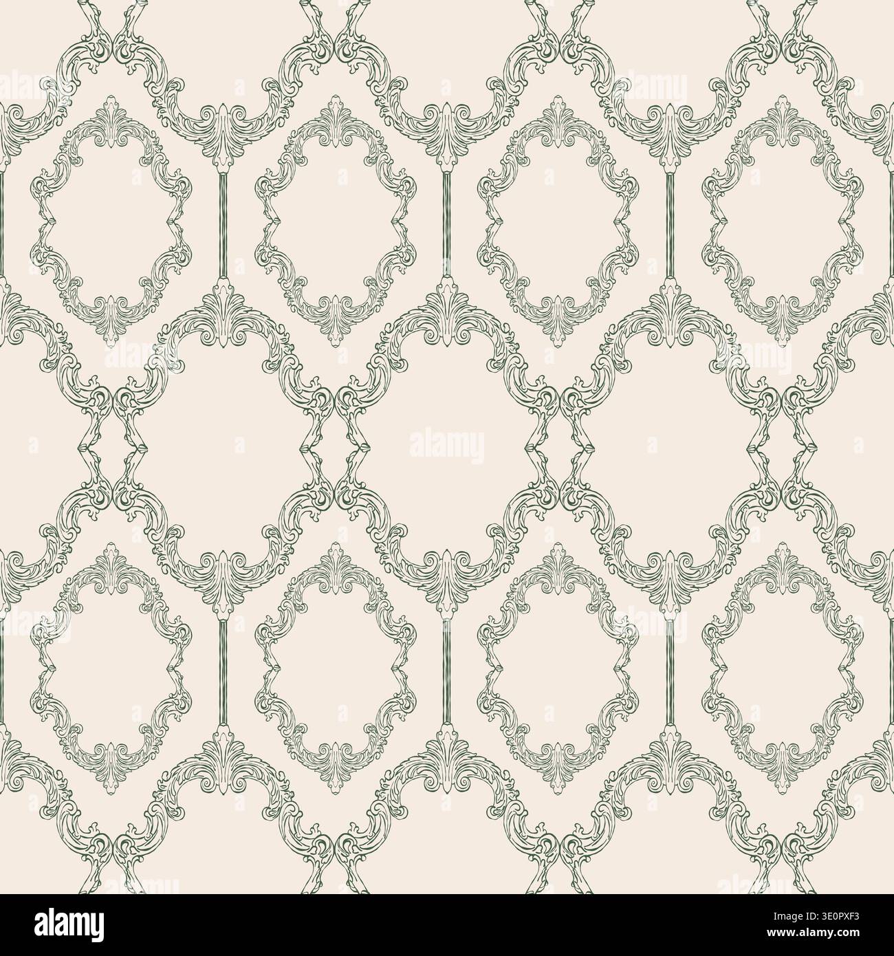 Modèle sans couture dans le style baroque vintage. Design victorien classique dessiné à la main. Un fond fantaisiste pour les invitations de mariage, l'emballage cadeau, les matériaux d'emballage, le tissu et le papier peint. Vecteur vert Illustration de Vecteur
