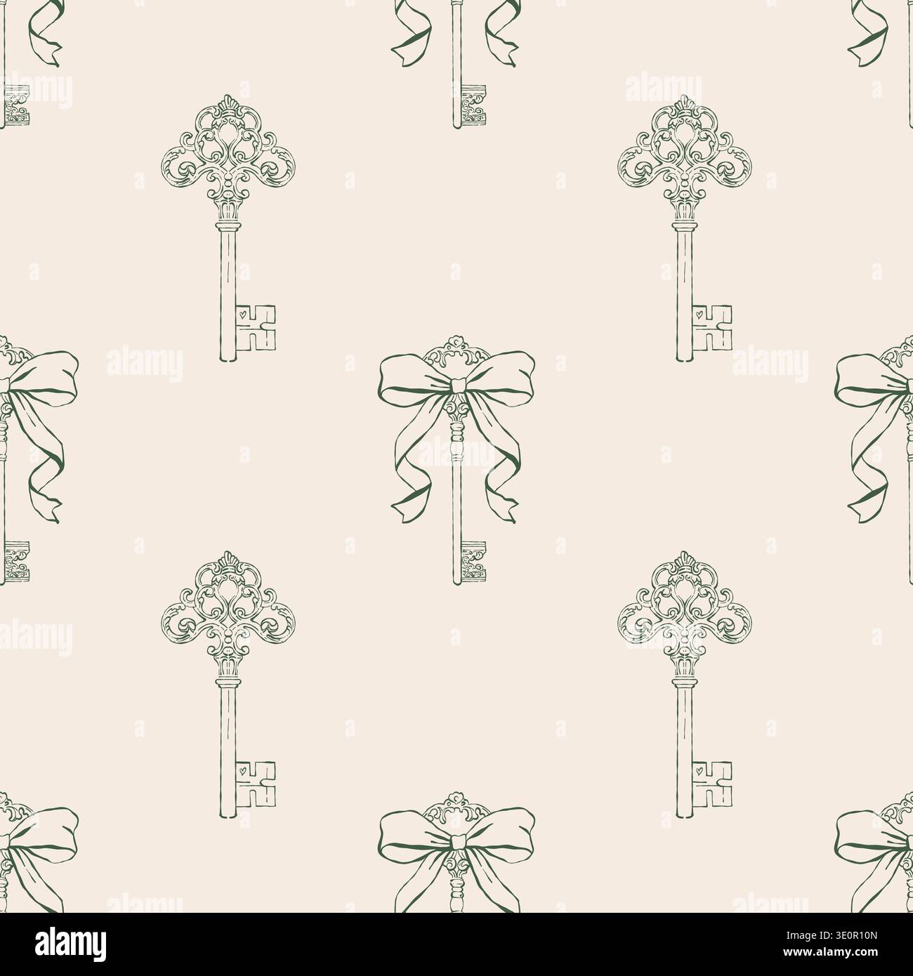 Modèle sans couture de clés antiques vintage avec des arcs. Touches rétro fantaisistes. Fond de vecteur vert et beige. Illustration de contour dans les styles rococo, baroque et victorien. Illustration de Vecteur