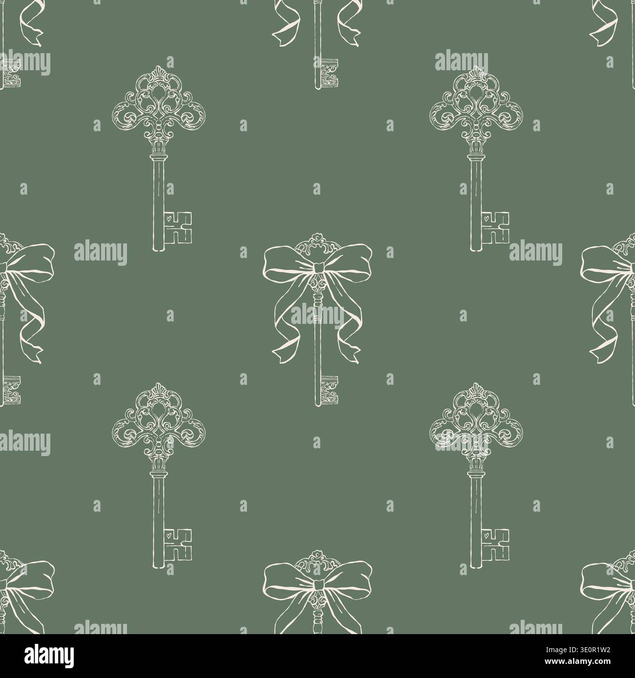 Modèle sans couture de clés antiques vintage avec des arcs. Touches rétro fantaisistes. Fond de vecteur vert et beige. Illustration de contour dans les styles rococo, baroque et victorien. Illustration de Vecteur