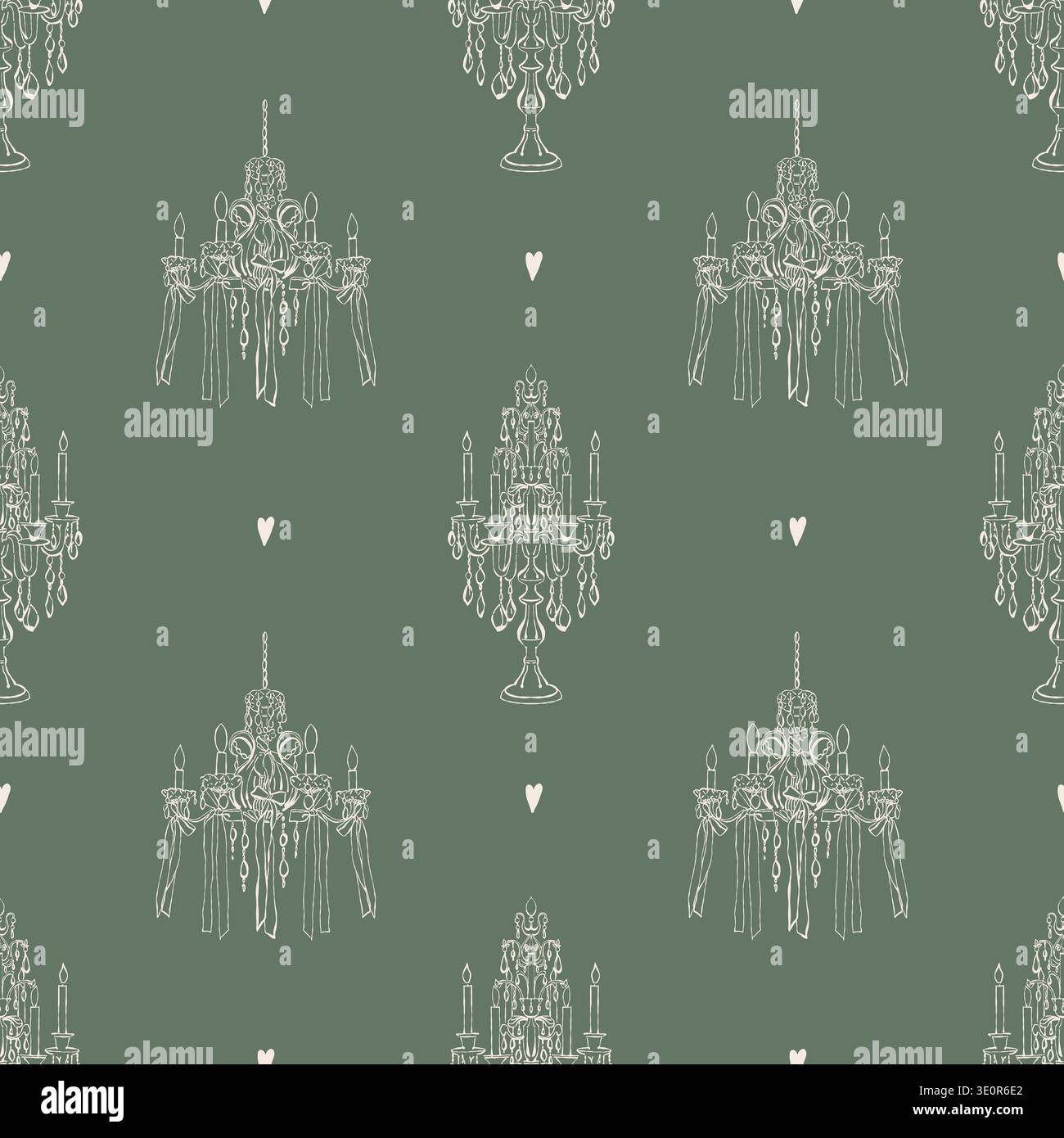 Élégant motif vintage sans couture avec des candélabres dessinés à la main, des lustres antiques éclairés à la bougie et des coeurs. Illustrations rétro beiges sur fond vert. Fond vectoriel pour les vacances, la Saint Valentin, les mariages et les anniversaires. Illustration de Vecteur