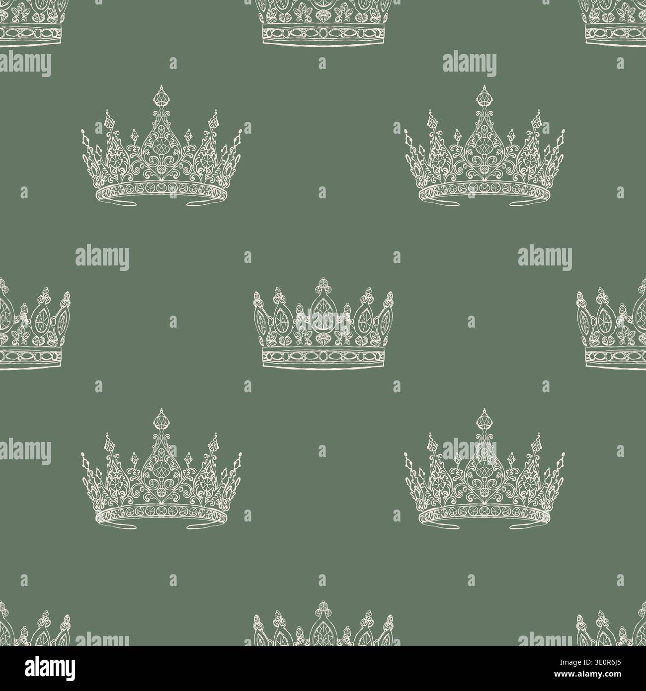 Motif sans couture de style vintage avec couronnes rétro. Vecteur beige et fond vert. Illustration de contour dans les styles rococo, baroque et victorien. Illustration de Vecteur