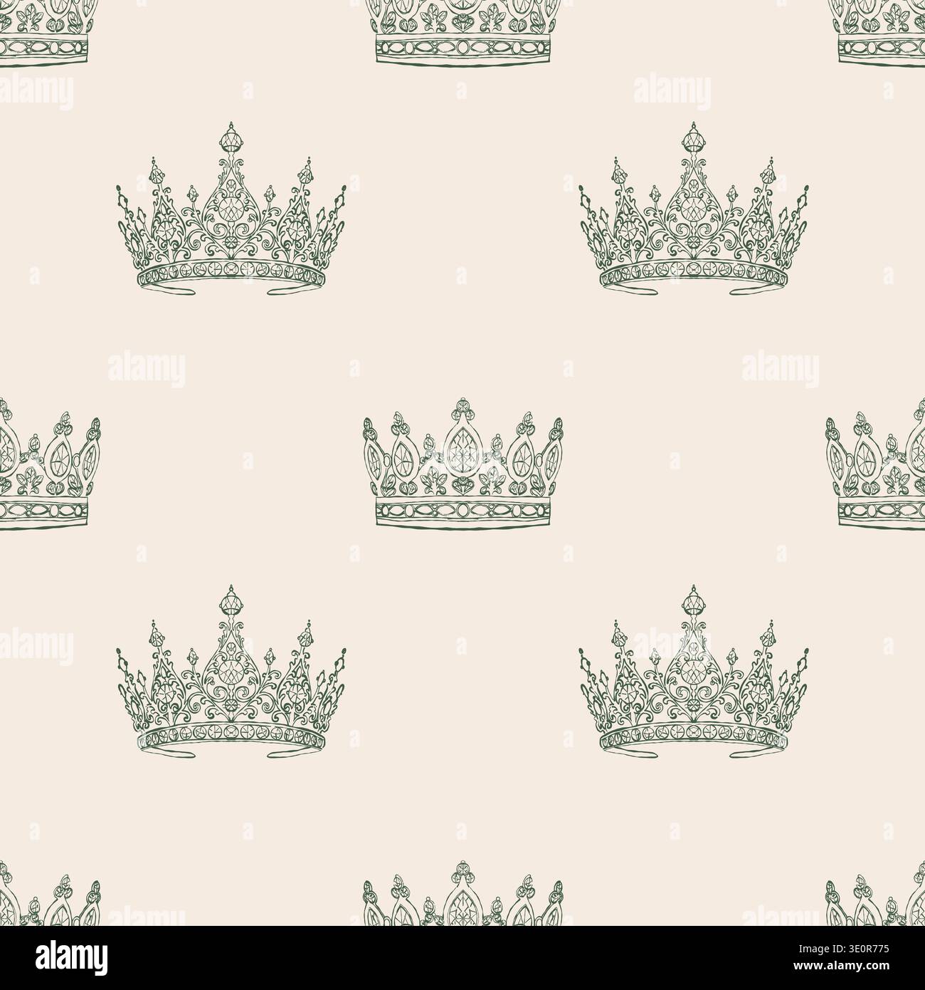 Motif sans couture de style vintage avec couronnes rétro. Vecteur beige et fond vert. Illustration de contour dans les styles rococo, baroque et victorien. Illustration de Vecteur