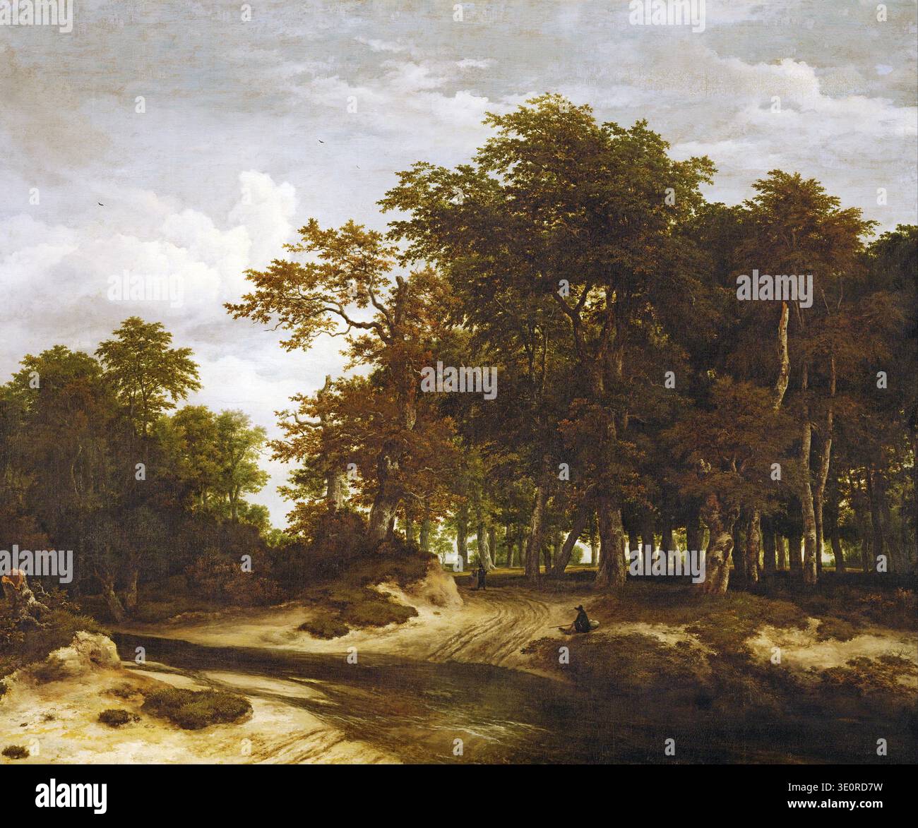 Cette peinture à l'huile captivante intitulée « la Grande Forêt » de Jacob van Ruisdael, qui aurait été d'environ 1655-1660, met en valeur une scène forestière luxuriante et dense avec un chemin de terre serpentant à travers les arbres et un petit ruisseau au premier plan. Le travail du maître néerlandais de l'âge d'or capture la grandeur et la beauté naturelle de la forêt, avec deux petites figures ajoutant une impression d'échelle et de présence humaine dans le vaste paysage. Banque D'Images