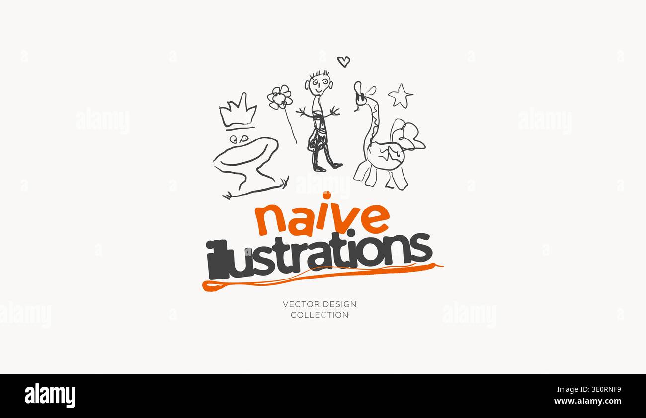 Personnages naïfs dessinés à la main Doodle Childish illustrations Modern Scribble style for logo Design isolé Vector Set of Fantasy Characters crayon Illustration de Vecteur