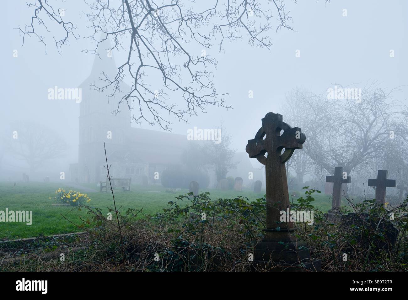 Journée brumeuse au cimetière de l'église St Michael à Southwick, West Sussex, Angleterre. Banque D'Images