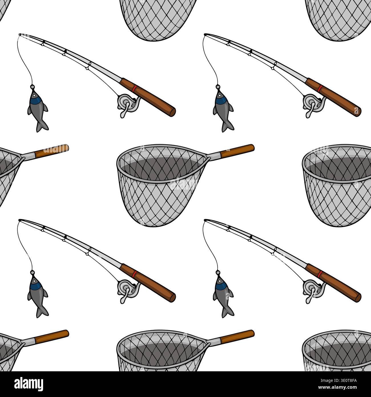 Modèle vectoriel sans couture de cannes à pêche avec des poissons et des filets capturés Illustration de Vecteur