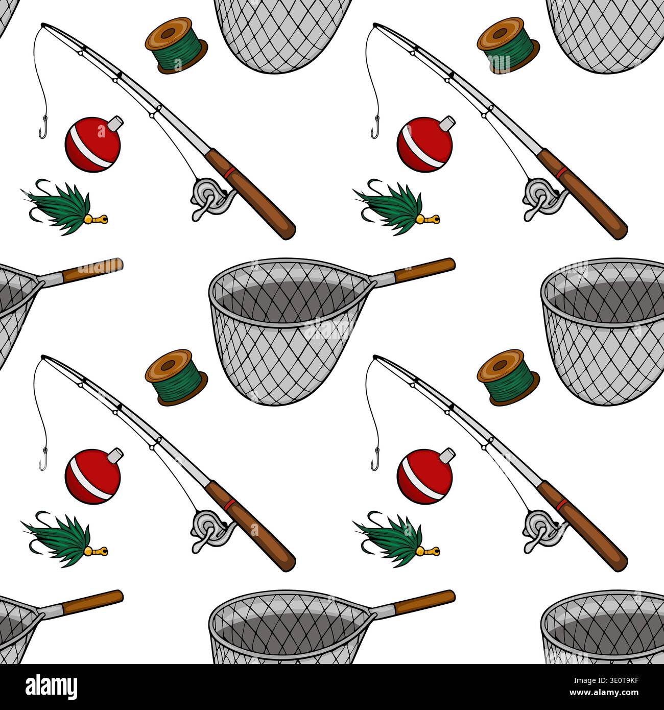 Modèle vectoriel sans couture d'engins de pêche avec des cannes à pêche, des filets, du matériel et des appâts Illustration de Vecteur
