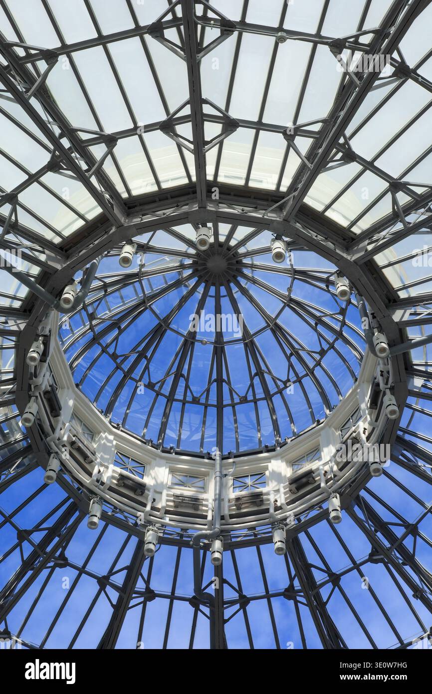 Gros plan vertical d'un plafond en dôme de verre géométrique avec des lignes rayonnantes et des motifs circulaires partiels, ciel bleu visible à travers le verre. Banque D'Images