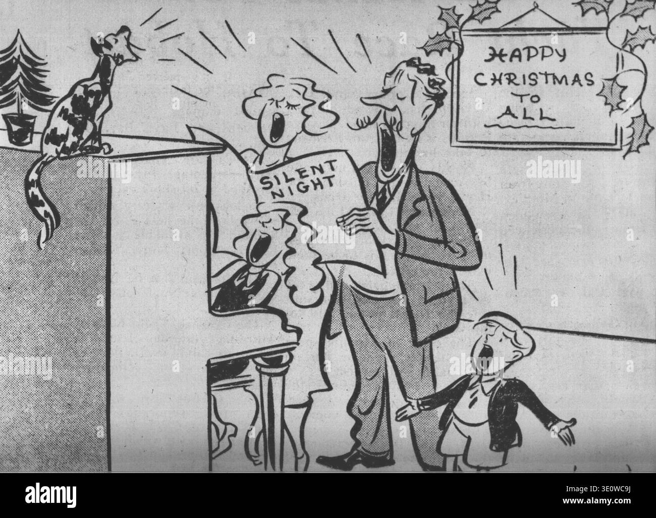 Salutations de saison -- mais quand la famille Jonh CIT (ou John Frith) accueille à Noël, même le chat a été réduit à la taille. 17 juin 1953. Banque D'Images