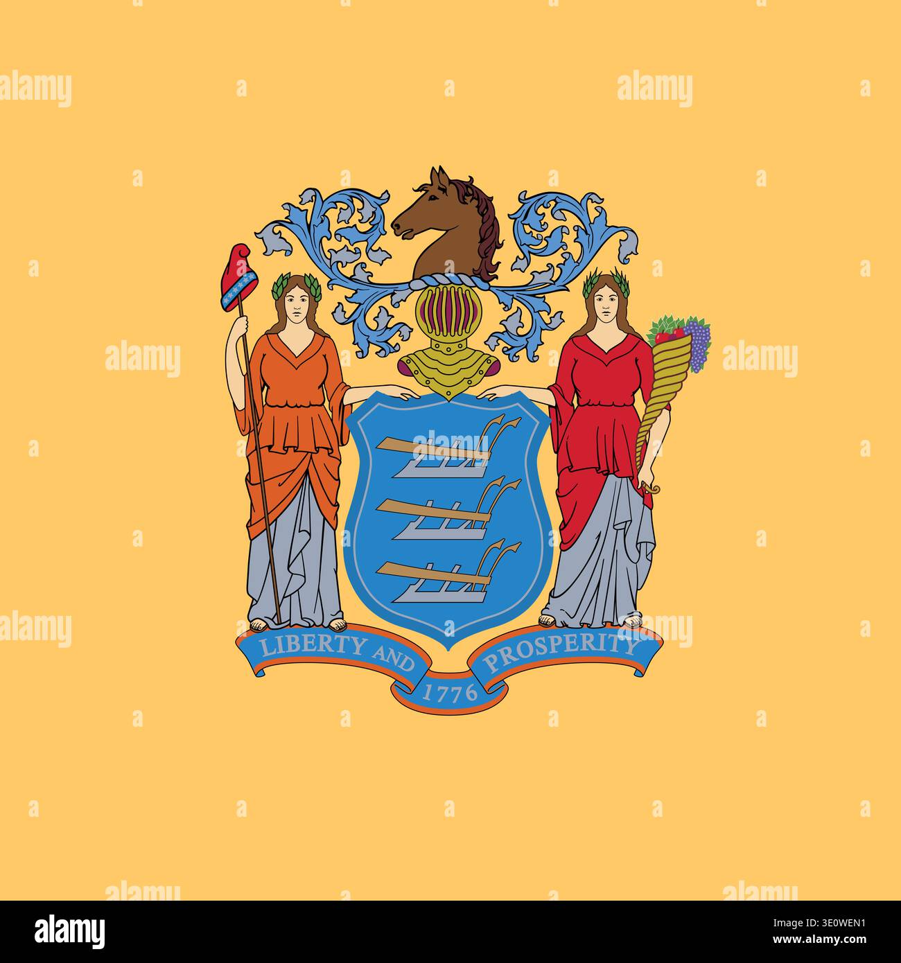 Drapeau carré de l'état du New Jersey. Partie des États-Unis d'Amérique. Design épuré pour une utilisation imprimée, Web ou éducative. Illustration vectorielle. Illustration de Vecteur