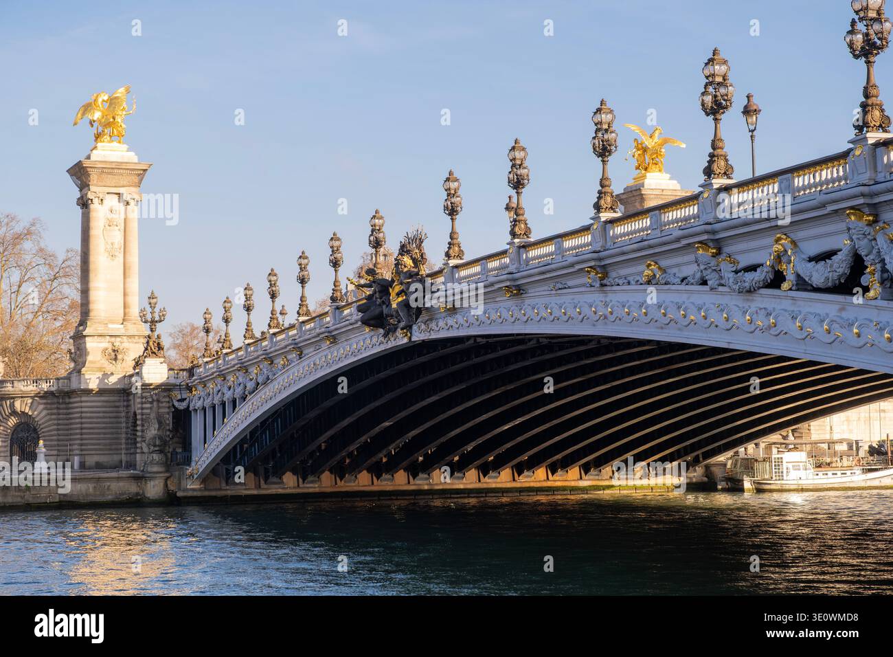 Vue en bas angle du pont alexandre III orné à paris avec statues dorées et lampadaires décoratifs au-dessus de la Seine sous A. Banque D'Images