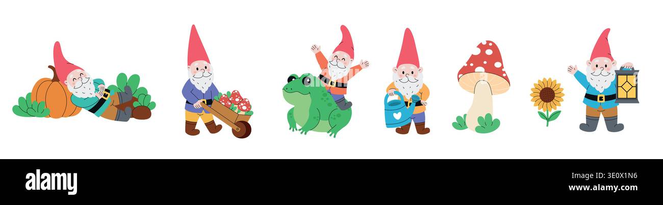 Ensemble de cinq gnomes de jardin de dessins animés. Personnages de conte de fées mignons. Un elfe de jardin. Toadstools, plantes et grenouilles. Illustrations vectorielles modernes dessinées à la main. Isolé sur fond blanc Illustration de Vecteur