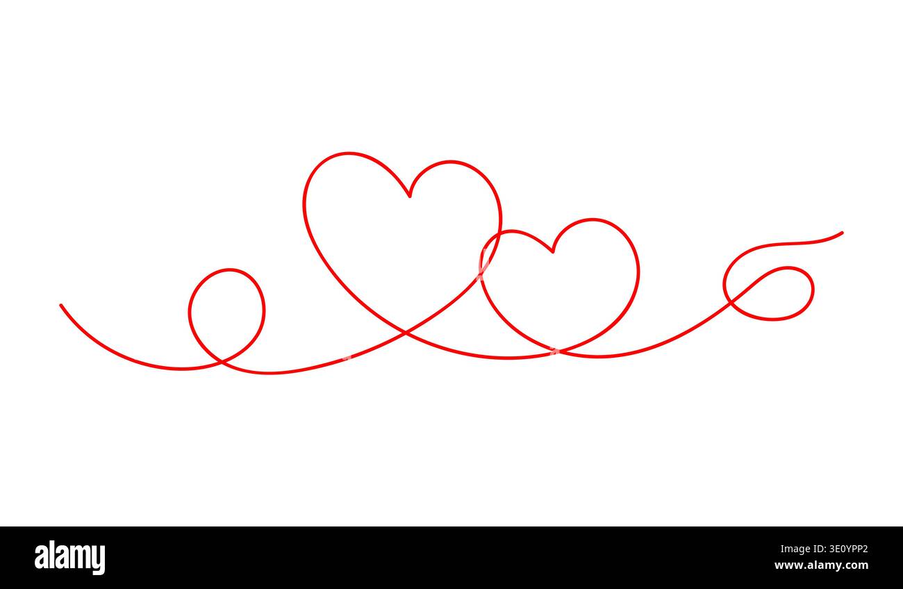 Dessin d'art continu d'une ligne de deux coeurs rouges symbole signe de doodle image vectorielle de style pour la carte de Saint-Valentin. Illustration de Vecteur