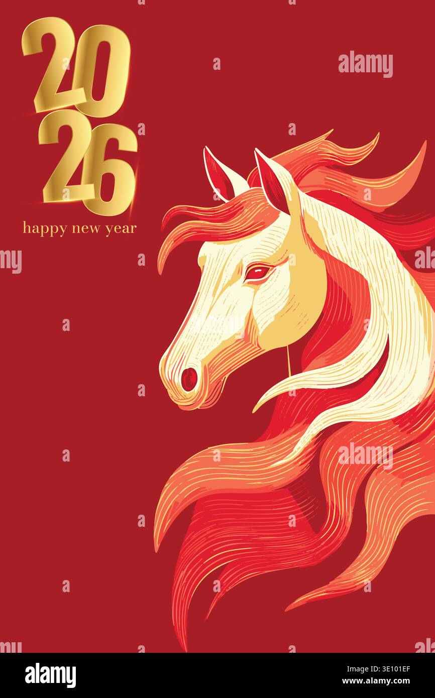 Illustration du nouvel an 2026 avec Majestic Red and Gold Horse – élégante illustration du nouvel an de style zodiaque Illustration de Vecteur
